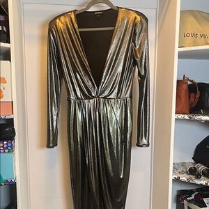 Express Small deep plunge metallic Gold dress asymmetrical length faux wrap 70s